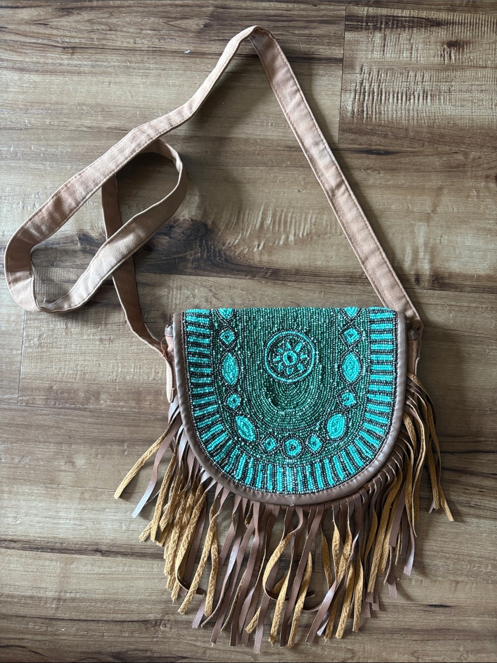EARTHBOUND Teal Beaded Fringe Crossbody with Tan Strap and Fringe